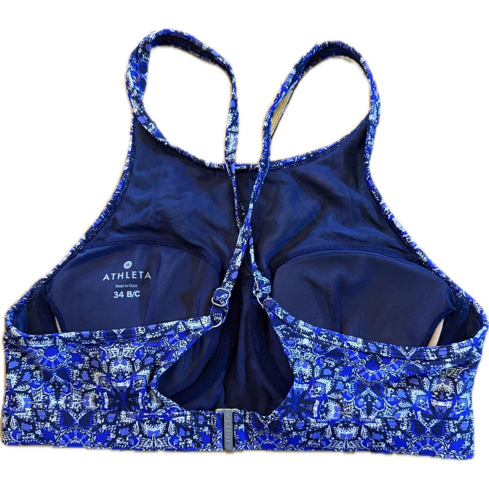 Athleta Bikini Top Womens Size M Blue Geometric High Neck Racerback Swim - Picture 2 of 5